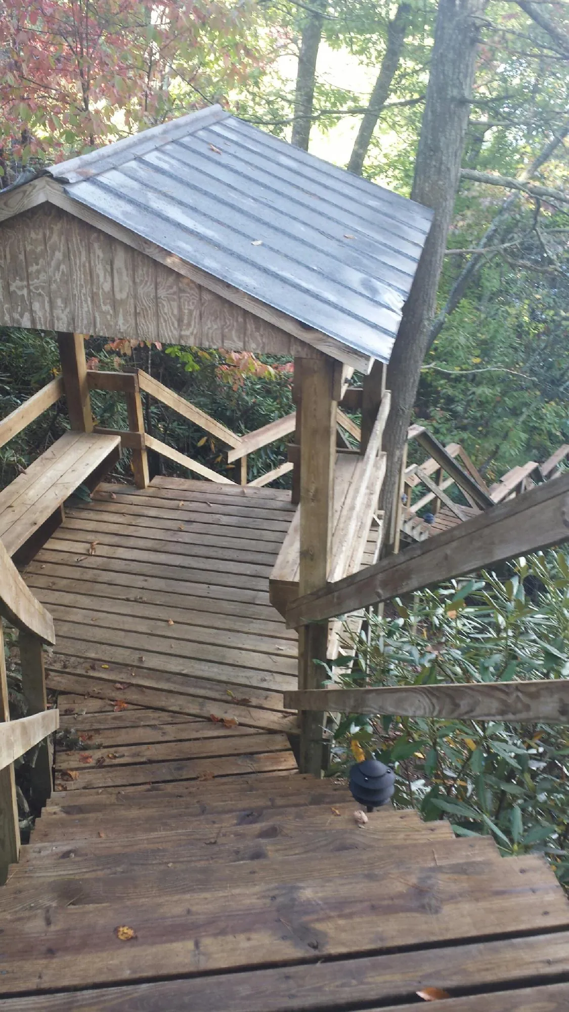 Metal roofed shelter over wooden steps on a wooded walkway — Skylight Repair & Installation work by our crew in Cleaton